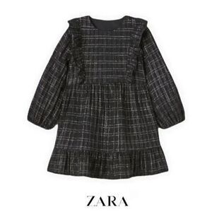 Zara Girls Black Long Sleeve Dress Metallic Plaid Size 3-4 Years